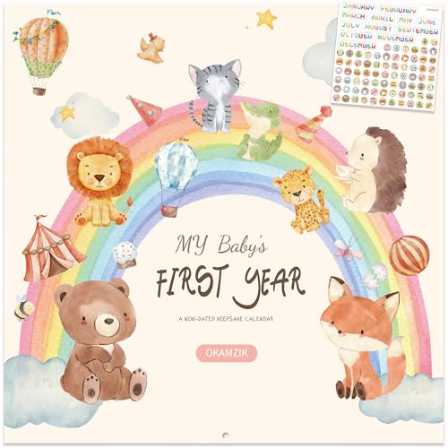 Babys First Year Calendar Memory Book with Milestone Stickers and Storage Pocket Baby Keepsake Tracker - 1st Year Tracker (animal)