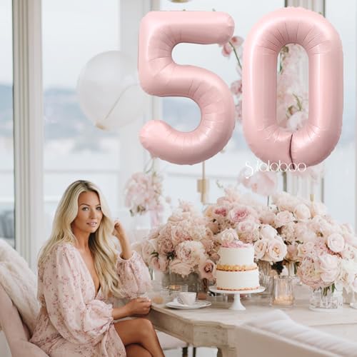 Image of 40 Inch Light Pink Number 50 Balloon 0-9 50th Foil Big Giant | Digital for Birthday Anniversary Graduation Decorations