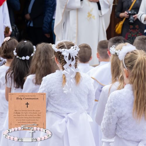 Image of First Communion Gifts for Girls, 1st Communion Cross Beaded Bracelet First Holy Communion Gifts Easter Basket Stuffers Gifts for Girls Daughter Granddaughter Niece Sister With First Communion Cards