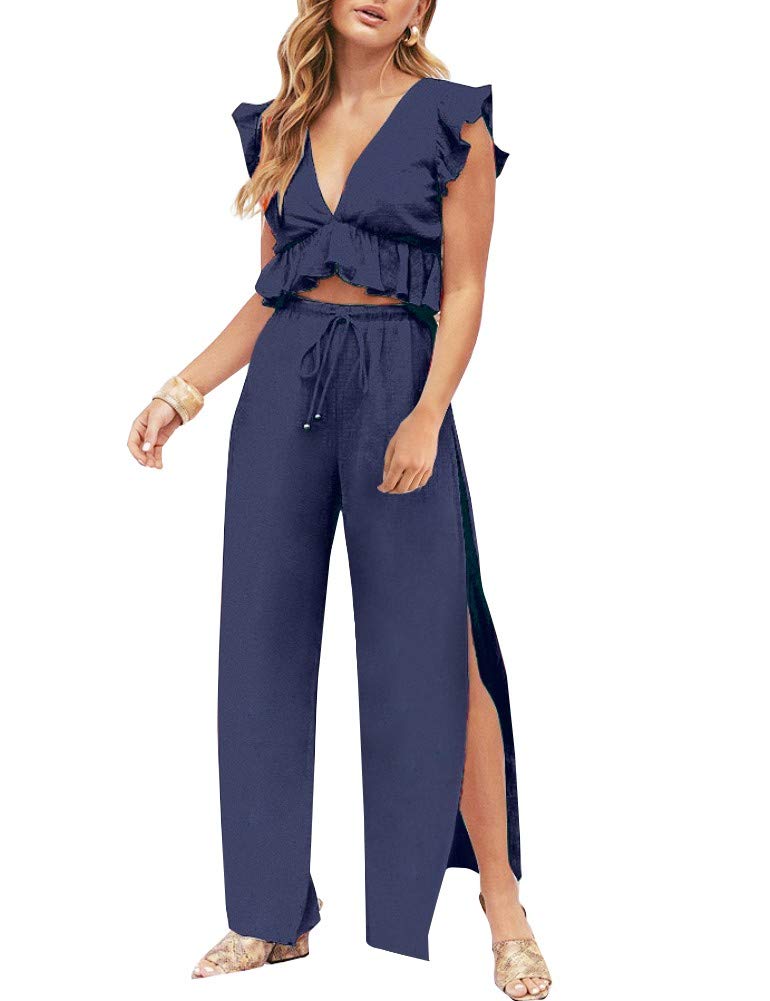 FANCYINNWomens 2 Pieces Outfits Deep V Neck Crop Top Side Slit Drawstring Wide Leg Pants Set Jumpsuits