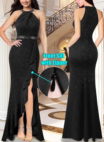 VFSHOW Womens Sexy Halter Neck Beaded Ruffle Slit Prom Formal Maxi Dress 2023 Wedding Guest Twist Front Cocktail Evening Gown2