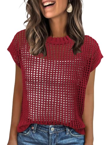 Image of ANRABESS Short Sleeve Sweater for Women Summer Crochet Knit Tops