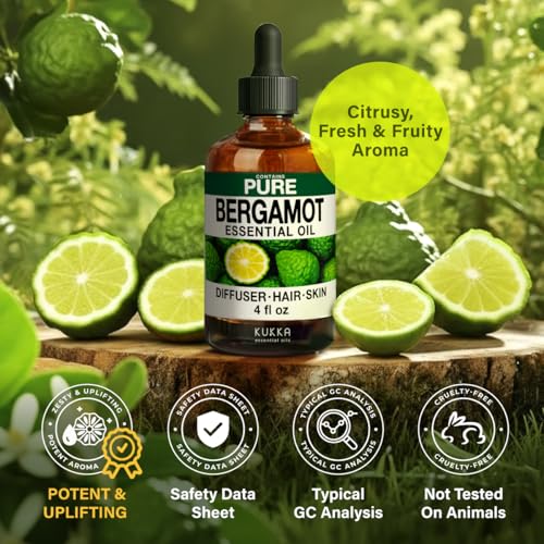 Image of 100% Pure Bergamot Oil - 4 Fl Oz Bergamot Essential Oil for Hair, Skin, Diffuser, Aromatherapy & DIY Soap Making Scent
