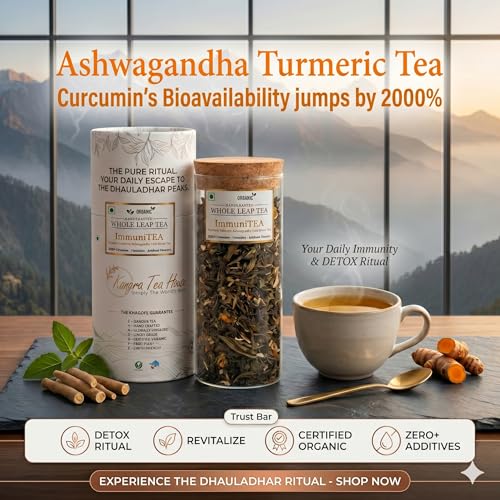Image of Kangra Tea House ImmuniTEA (Combo Pack of 2 - 100g) Artisanal Whole Leaf Green Tea Blend with Turmeric, Ashwagandha & Tulsi | GI Tagged & NPOP Organic Certified | Holistic Wellness & Defense Support | First Flush, 0 Bitterness | From Palampur, Himachal Pradesh