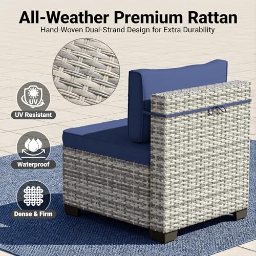 Image of 14-Piece Patio Furniture Set, Outdoor Sectional with Thick Cushions, Modular Patio Sofa, Dual-Strand Wicker Rattan, Rust-Resistant Frame, Backyard Furniture for Garden, Deck, Navy Blue