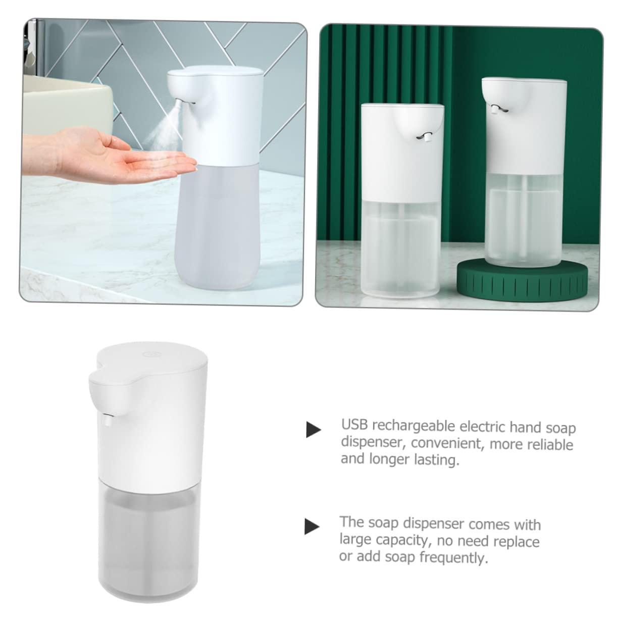 PRETYZOOM Dispenser Automatico Sapone Ricaricabile Usb, 350ml, Erogatore Schiuma in Abs per Lavello Cucina e Bagno, Bianco