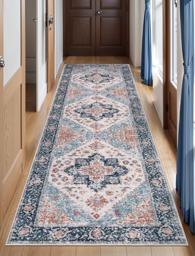 SERISSA Boho Washable Runner Rug, 2'6"x8' Non-Slip Vintage Blue Orange Hallway Kitchen Runner Rug Ultra Soft Print Distressed Tribal Floor Carpet for Bedroom Bathroom Laundry Room