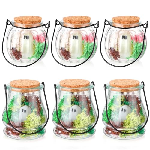 HyDren 6 Set Halloween Pet Ghost in a Jar Adopt a Ghost Glows in the Dark Pet in a Bottle with Moss Luminous Figurines in Glass Spooky Decor Creepy DIY Craft Gift Halloween Party Favor, 3.74 x 3.34In