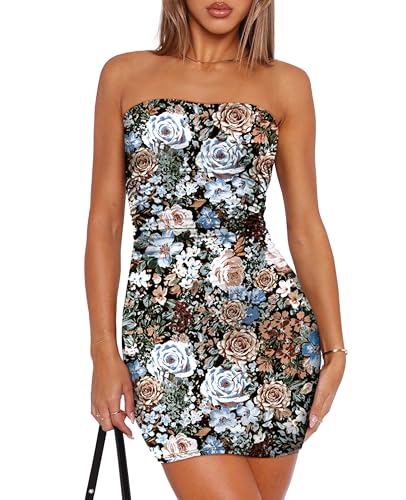 Image of OFEEFAN Summer Dresses for Women 2025 Strapless Ruched Party Club Bodycon Mini Dress