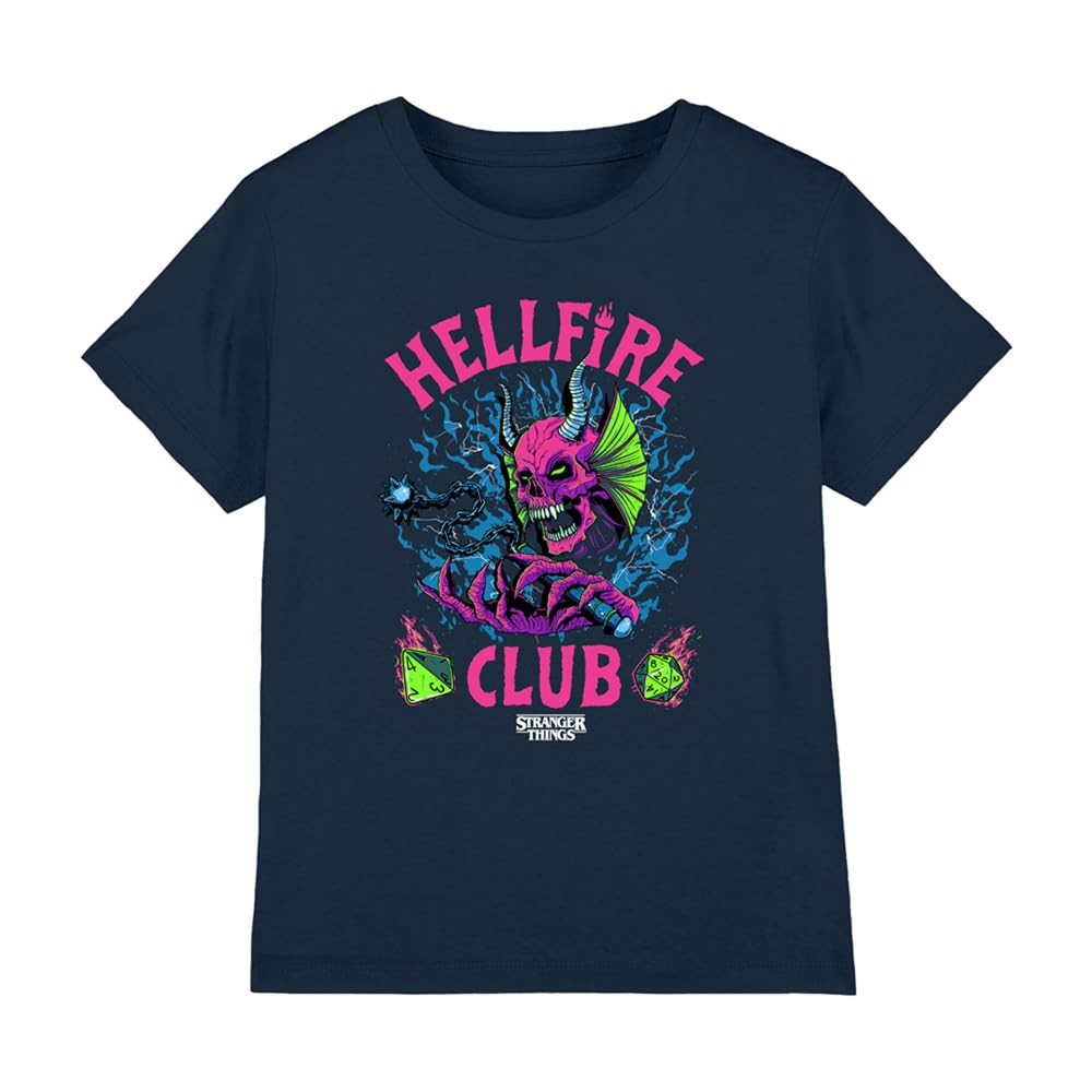 Stranger Things Hellfire Neon Dice Kids T Shirt, Navy, 9-11