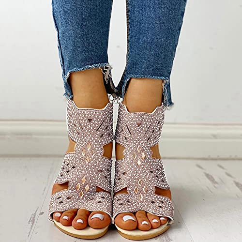 Noldares Women's Sandals Fashion Hollow Out Zip Up Rhinestone Flat Sandals Dressy With Ankle Strap Summers Sandals For Women #TOP2