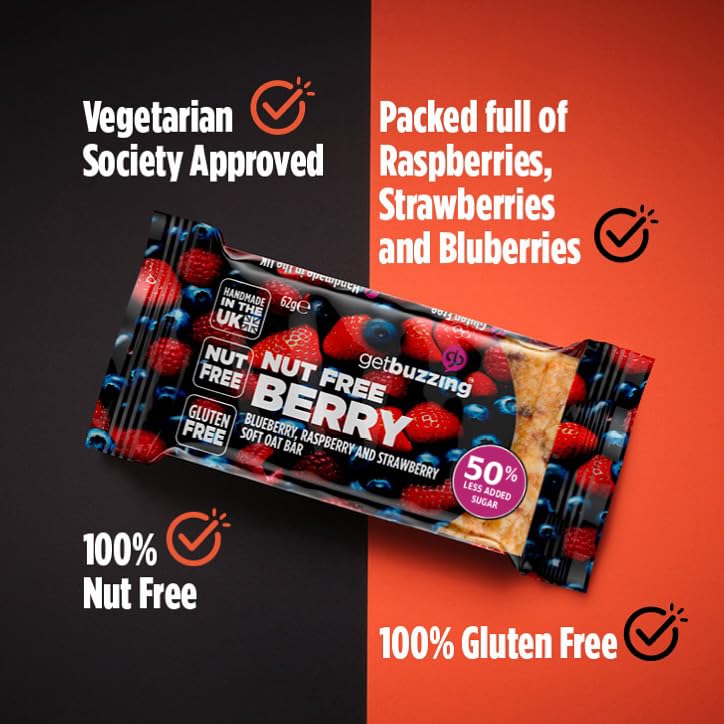 Getbuzzing Nut Free Oat Flapjack Bars with Nutrition Benefits – Gluten Free Healthy Endurance Snack with Natural Ingredients, High Fibre & School Safe – 20 x 62g Pack – Mixed Berry - Sports & Cycling