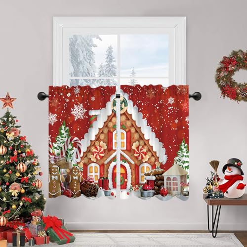 DOTOOMA Red Christmas Gingerbread House Window Treatment Tiers Candy Cane Snowflake Wonderland Xmas Pine Tree Theme Kitchen Living Room Small Window Decor Polyester Supplies 26x36 Inches 2 Panels