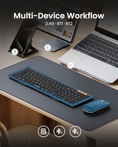 Image of ProtoArc XKM01 Full-Size Foldable Keyboard Mouse Combo for Travel - Blue | 105-key keyboard, slim mouse, hard case and phone stand; 3-device Bluetooth & 2.4G switching, for travel office use