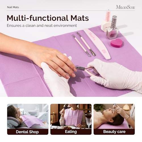 Image of MelodySusie Disposable Nail Mats, 50Pcs 3-Ply Absorbent Nail Art Table Pads with PE Backing, 18 inch x 13 inch Nail Desk Protection for Manicure Pedicure, Salon Home DIY Purple