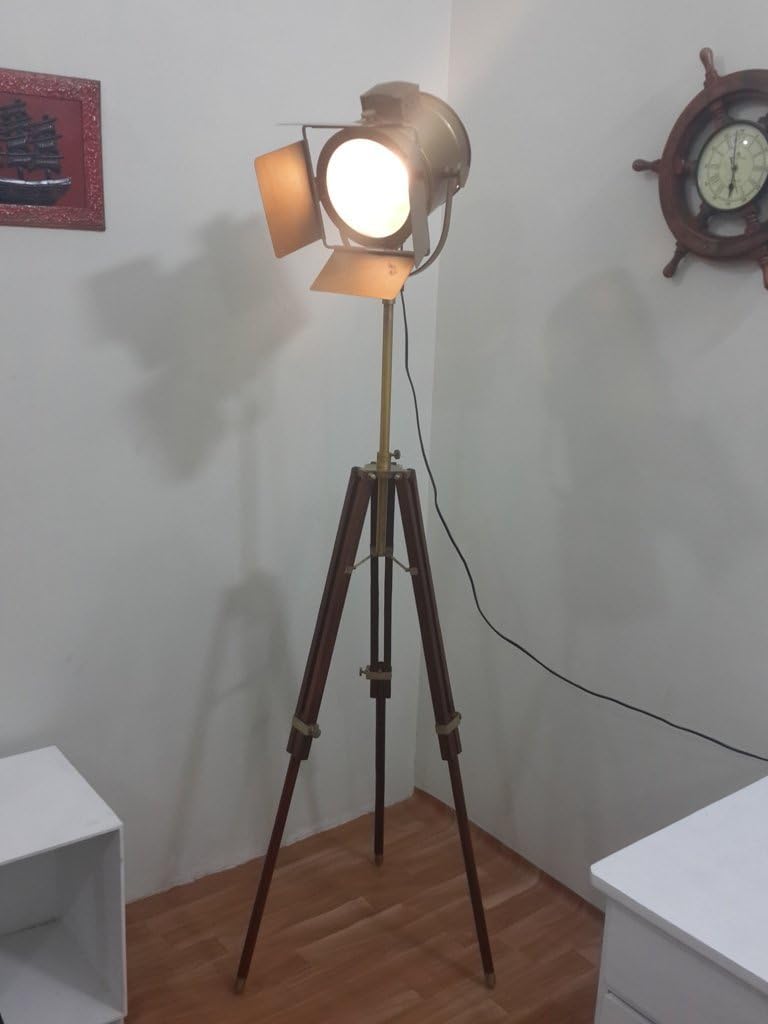 THOR INSTRUMENTS Antique Brass Finish Deco Search Light Studio Lamp Spot W/Antique Tripod Rustic Vintage Home Decor Gifts