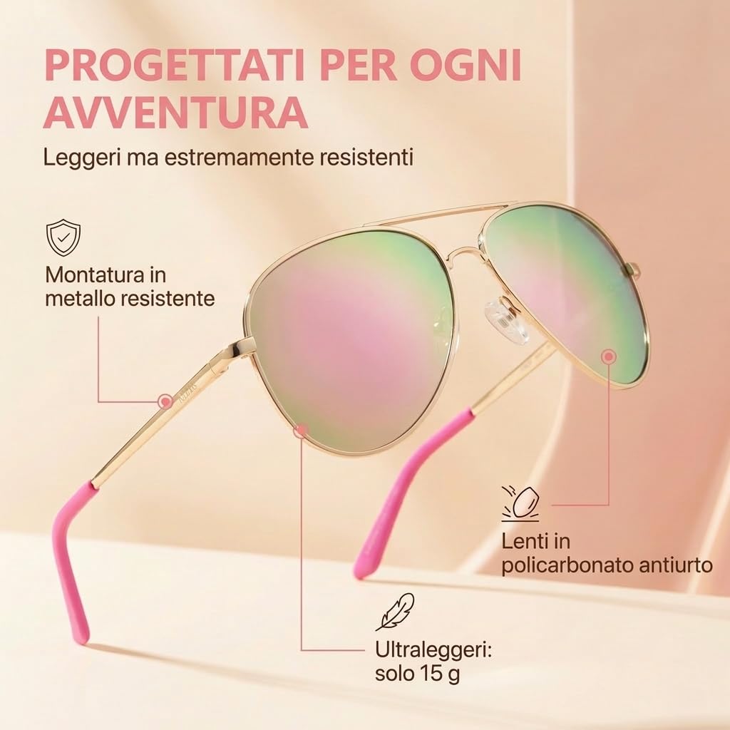 Kiddus Occhiali da Sole Polarizzati Bambino Bambina 9 10 11 12 Anni, UV400 CAT3, Protezione Solare Junior, Montatura in Metallo Resistente, CE ISO REACH