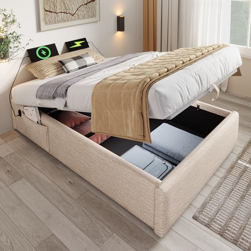 WIZBED Polsterbett 90x200 ohne Kopfteil, Gepolstert Einzelbett mit USB- C und Bettkasten, Boxspringbett Bettgestell Bett, Struraumbett Bettrahmen,Leinen (Natürlich, 90×200)