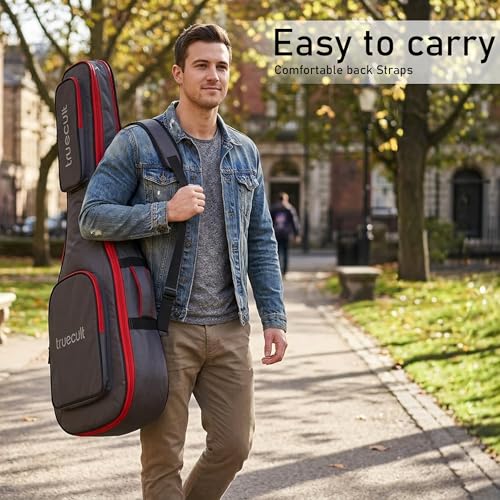 Image of True Cult Acoustic Guitar Bag /Cover with Foam Padding (Black) Strong and Durable for Multiple Sizes and Shapes Folk /Classical Guitars 38 inch, 39 inch, 40 inch, 41 inch (RED-Grey)