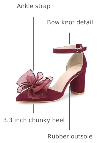 Allegra K Allegra K Women's Bow Heels Closed Toe Chunky Heel Burgundy Pumps Sandals 7.5 M US