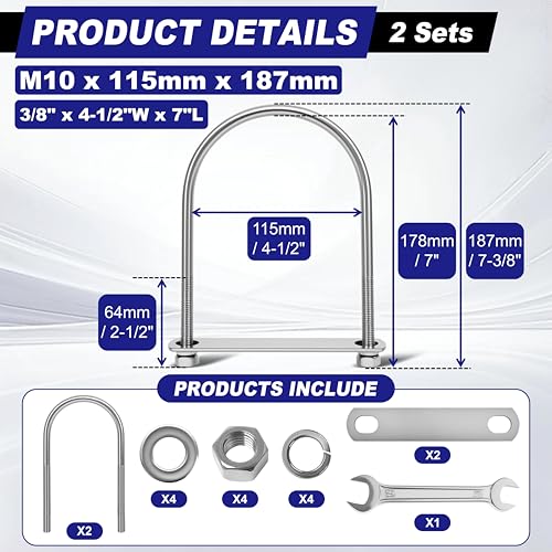 Image of 2 Sets M10 U Bolts 4-1 /2 Inch Wide, 3 /8 inch x 4-1 /2 inchW x 7 inch L | 304 Stainless Steel U Bolt Heavy Duty for boat trailer with Nuts, Bolt Plate and Washers,U Bolts 4.5 Inch Wide,Metric bolts