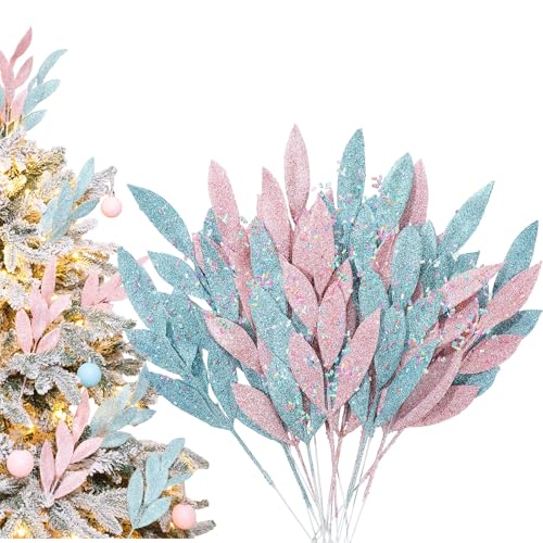 Lyrow 20 Pack Pastel Christmas Leaf Picks Pink Blue Sprinkle Christmas Tree Picks and...