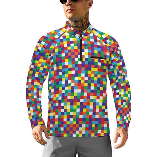 Mens Long Sleeve Mesh Fishing Shirts Rainbow Color of Checkerboard Rash Guard Fishing Tshirt Sun Protection Tee