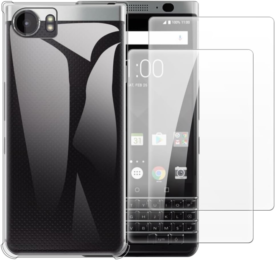 Case + 2 Piece Tempered Glass Set Compatible with BlackBerry Keyone DTEK 70 Shockproof Cover & Full Protective Screen Protector (Clear)