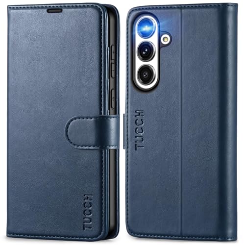 Protection portefeuille Galaxy S25 FE TUCCH housse cuir synthétique bleu anti-choc et anti-RFID
