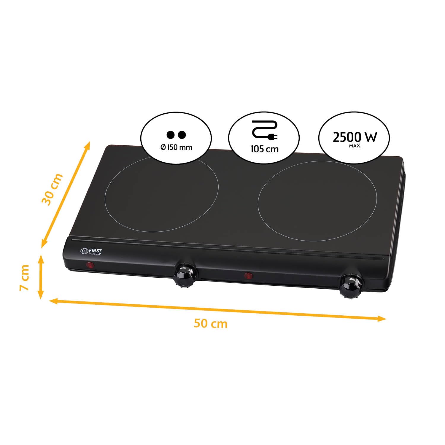 TZS First Austria placa vitrocerámica infrarrojos doble | Compatible con todo tipo de ollas | Placa 15 cm | Calentamiento rápido, regulación continua | Ideal para camping, mudanza y apartamento