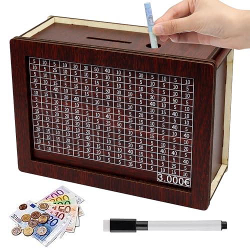 Spardose aus Holz, Sparbox mit Ziel, Sparschwein, Sparbox, Retro Sparbüchse Aufbewahrungsbox, Spardose mit Sparziel und Zahlen zum Ankreuzen, für Erwachsene mit Sparziel(3000€)