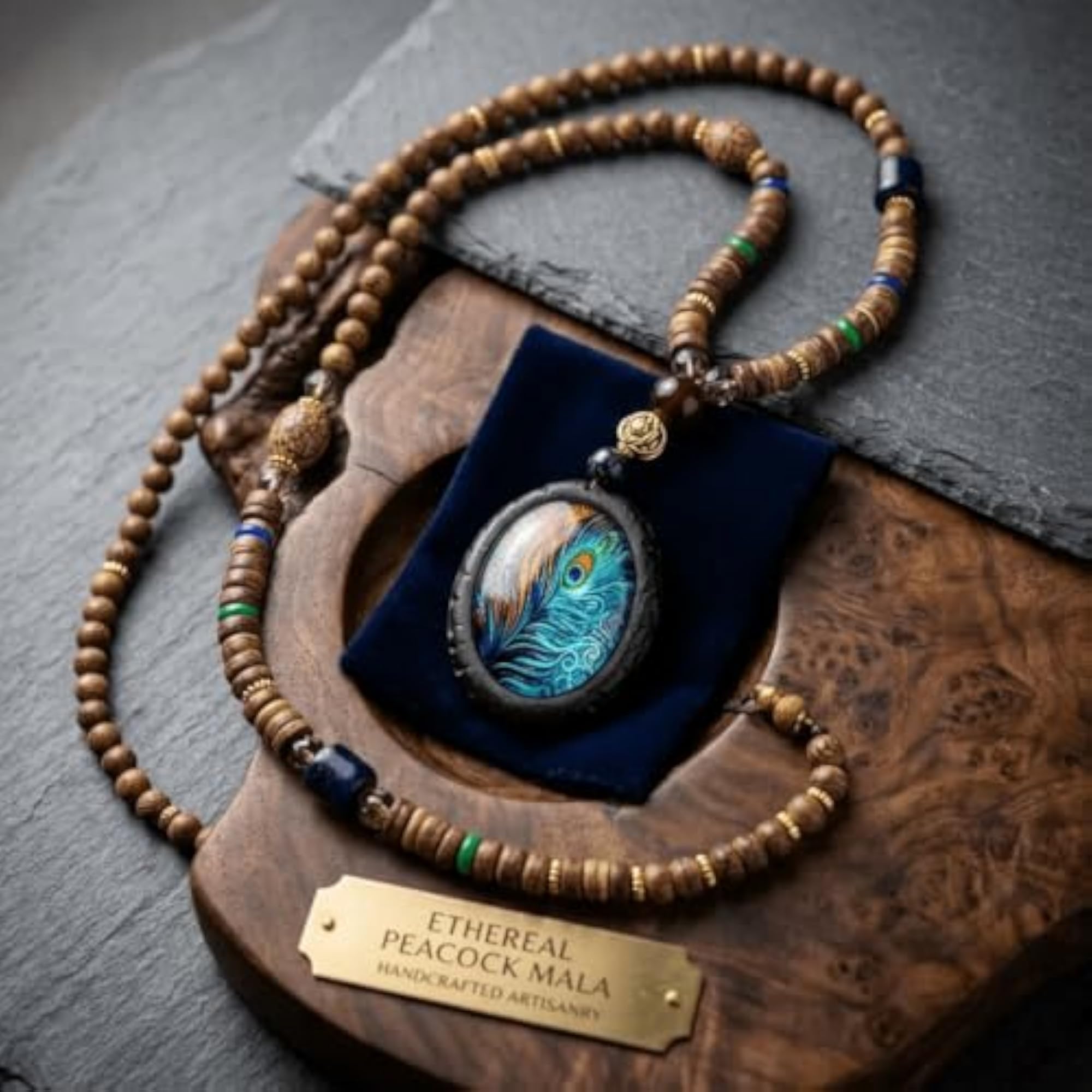 The Aves Collection Peacock Mala Necklace with Wooden Beads
