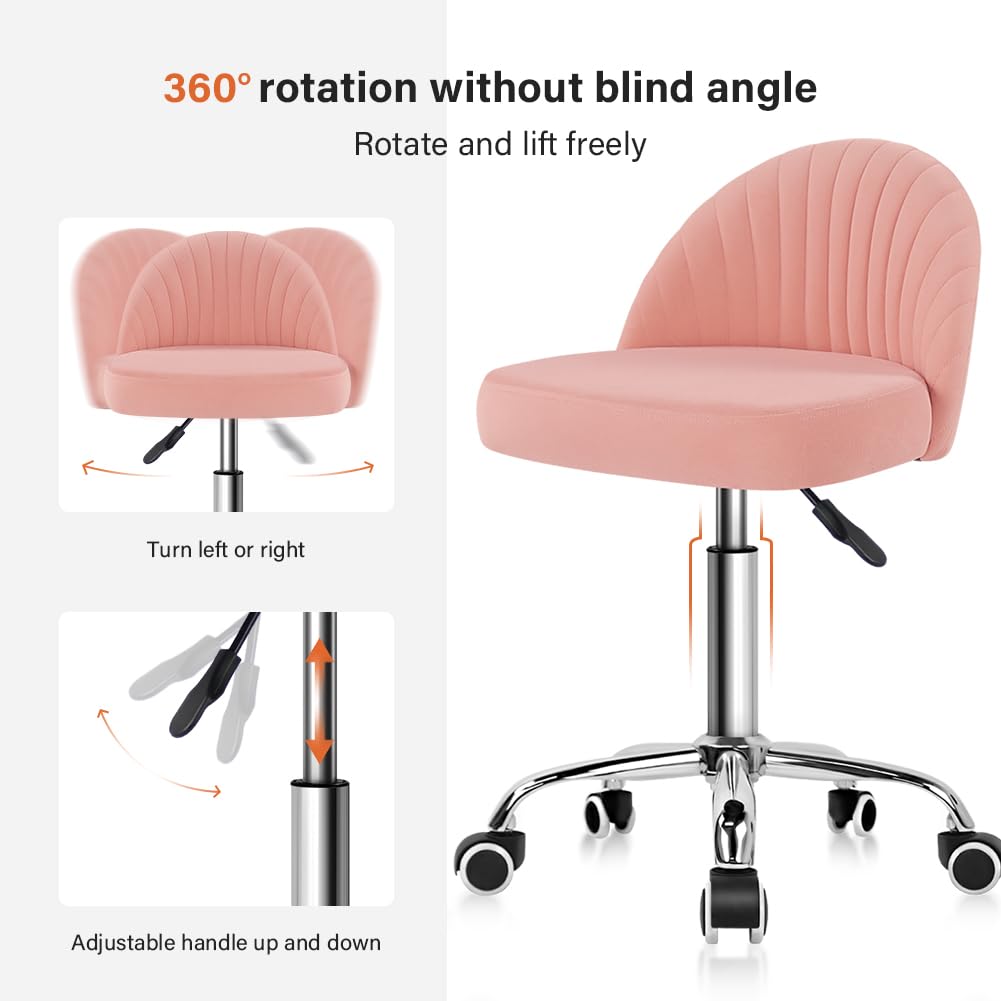 KKTONER Taburete giratorio de terciopelo con ruedas y respaldo ajustable en altura para dormitorio, hogar, maquillaje, cosméticos (rosa)