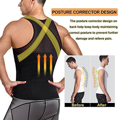 Underwear Men Shirt Tight Tank with Top Upper Back Support Brace Tummy Trimmer Body Shaper Slim Vest (Black with Hook, 2XL)