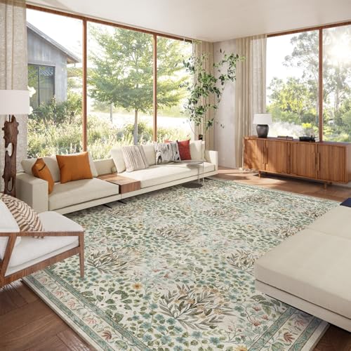 Image of 9x12 Washable Area Rug, Soft Non Slip Low Pile Rug for Living Room, Bedroom, Large Dining Room, Vintage Floral Design, Stain Resistant Carpet