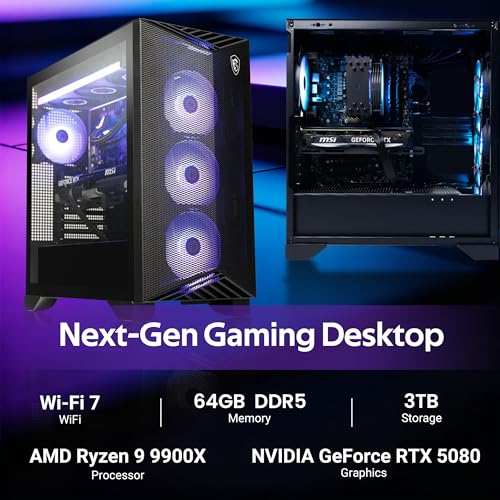 Image of msi Aegis ZS2 Gaming Desktop, AMD Ryzen 9 9900X, NVIDIA GeForce RTX 5080 16GB GDDR7, 64GB DDR5, 3TB Storage (2TB SSD&1TB Docking Station), Liquid Cooling, Wi-Fi 7, Keyboard & Mouse, Win 11 Pro, Black