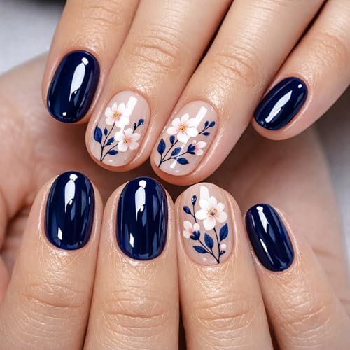 Floral Short Oval Press on Nails Soft Nude Navy Blue Base Pink White Floral Accents Glossy Finish Reusable Spring Nails Easy Apply Fashion Party Wear Durable Trendy Women Girls Nail Art 24 Pcs