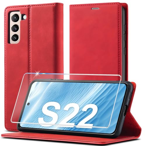Coque Samsung S22 rouge avec protège-écran et étui portefeuille antichoc