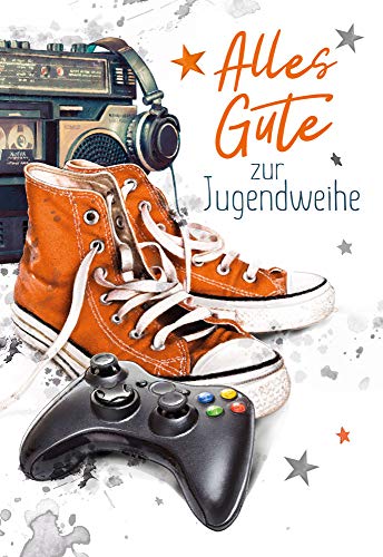 KE - Moderne Glückwunschkarte zur Jugendweihe für Jungen & Mädchen Karte zur Jugendfeier DIN B6 Format inkl. Umschlag hochwertig & stilvoll Motiv: Spielekonsole