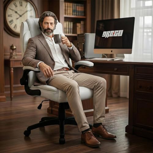 Image of DROGO Dominus Ergonomic Office Chair for Work from Home | Computer Chair for Study | PU Leather Executive Boss Chair with Flip-Up Armrest, Wide Cushion Seat (White)
