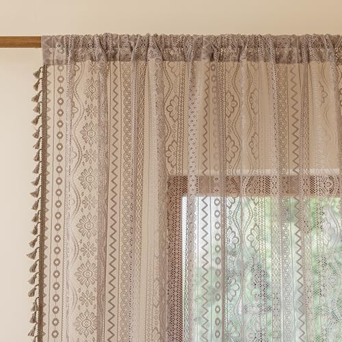 Image of MYSKY HOME Boho Lace Sheer Curtains with Tassels 96 Inch Length 2 Panels Vintage Floral Bohemian Rustic Crochet Geometry Striped Rod Pocket Drapes for Living /Dining Room Bedroom, 55 inch Wide, Brown