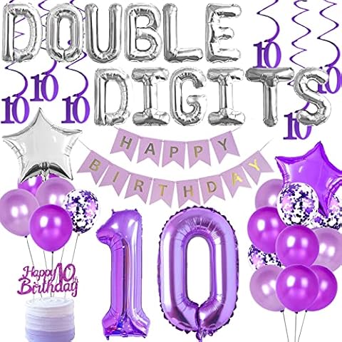 10th Birthday Decorations Girl Purple, Double Digits 10 Birthday Decorations - Double Digits Balloons Banner Happy Birthday Banner Cake Topper Hanging Swirls Number 10 Balloon Star Foil Balloons Cover