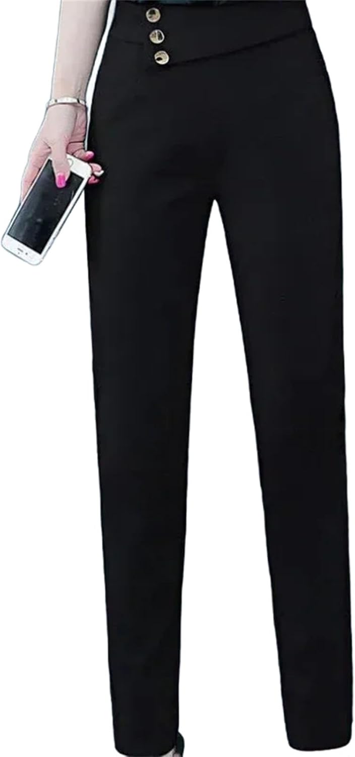 Pencil Trousers Spring Solid Color Button Elastic High Waisted Pockets Casual Women's Clothing Korean Fashion Pants