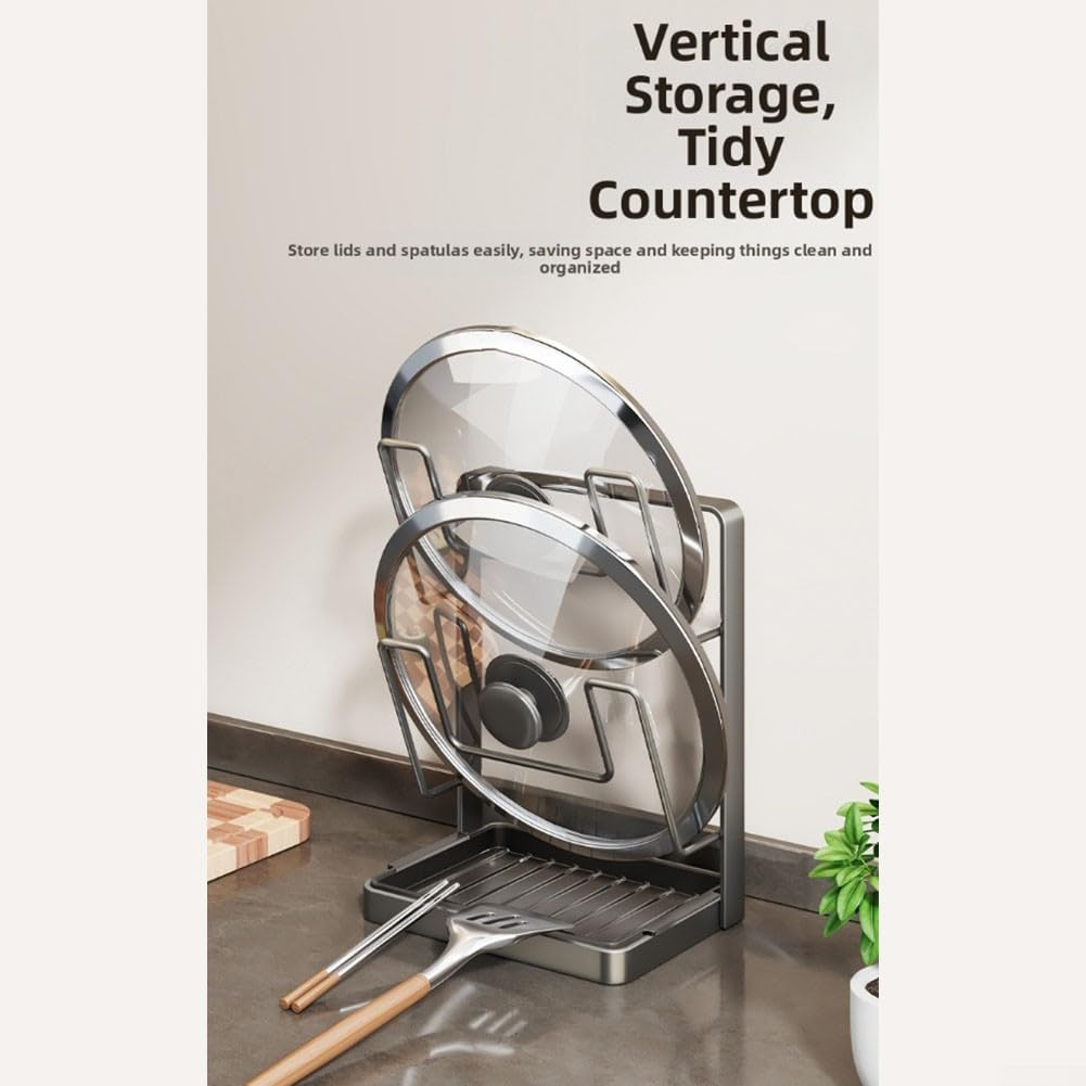 Soporte de cocina de acero resistente al calor con tapa y soporte para cucharón, organizador vertical con almohadillas protectoras para proteger las superficies de la encimera (estante doble para