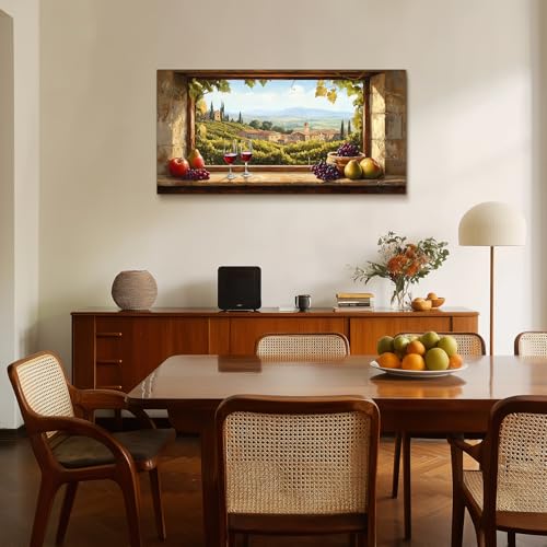 crmotu Vineyard Large Wall Art, Faux Window Canvas Prints of Wine Country, Grape Farms Beyond the Vintage Windowsill, Rustic Dining Room Kitchen Wall Decor, Restaurant Home Bar Decoration 24x48 Inch