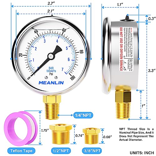 meanlin measure 0100psi stainless steel 1434 npt 2534 face dial liquid filled pressure gauge wog water oil air lower mount with 1234 npt and 3834 npt hex bushing