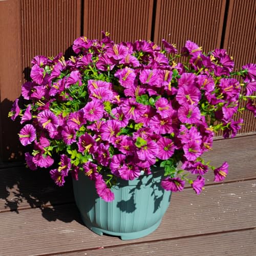 Image of Artificial Flowers for Outdoors, UV Resistant Fake Silk Morning Glory, Realistic Faux Plants for Outside Porch Patio Window Box Hanging Planter (16, Purple Fuchsia)