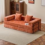 ETCZOYE Convertible Sleeper Sofa Bed, Compression Folding Sofa with Pillow, No Assembly Required, Shape Frame, Floor Sofas Lounge Couch for Living Room, Bedroom, Small Spaces(Chenille, 77''W, Orange)