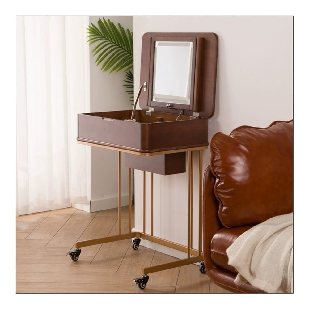 CGCSYZ Vanity Desk Small Flip Dressing Table with Dressing Table Mini Makeup Table with Jewelry Storage Drawer Movable Solid Wood Makeup Mirror Makeup Dressing Table (Bruin)