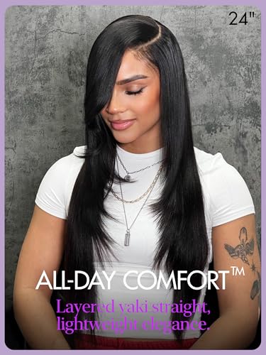 Image of LUVME HAIR 7x6 All-Day Comfor Wig PartingMax Lace Wigs 200% Density Yaki Straight Lace Front Wigs Human Hair Pre Cut Plucked Lace Frontal Glueless 24 Inches Natural Black Color